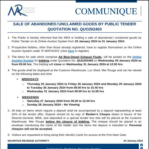 Document preview: Qu. 03 of 2024 (24.01.24) — Notice / Circular, Mauritius (CERFA n°CommuniqueQuo202403)