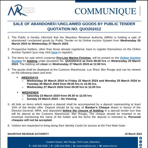 Document preview: Qu. 12 of 2024 (20.03.24) — Notice / Circular, Mauritius (CERFA n°CommuniqueQuo202412)