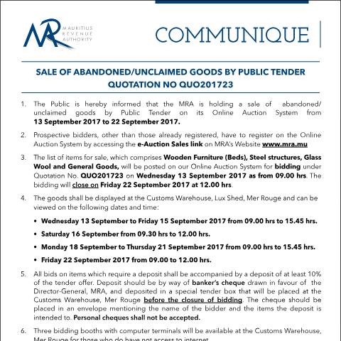 Document preview: Sale of Abandoned / Unclaimed Goods by Public Tender (13.09.2017) — Form, Mauritius (CERFA n°CommuniqueQ23of2017)