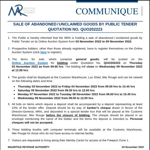 Document preview: Quotation 23 of 2022 (03.11.22) — Notice / Circular, Mauritius (CERFA n°CommuniqueQuo202223)