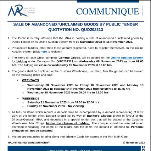 Document preview: Qu. 13 of 2023 (07.11.23) — Notice / Circular, Mauritius (CERFA n°CommuniqueQuo202313)