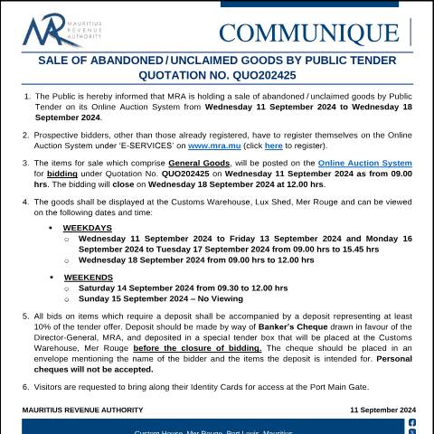 Document preview: CommuniqueQuo202425 — Notice / Circular, Mauritius (CERFA n°CommuniqueQuo202425)