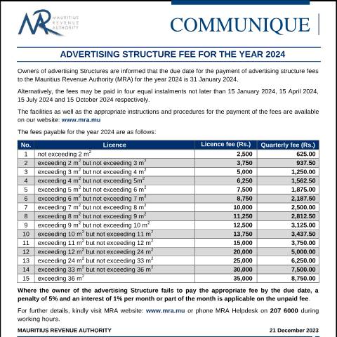 Document preview: Advertising Structure Fee for the year 2024 (21.12.23) — Notice / Circular, Mauritius (CERFA n°CommuniqueASF211223)