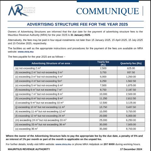 Document preview: Deadline for Advertising Structure Fee for the year 2025 (17.12.24) — Document, Mauritius (CERFA n°AdvertisingStructureFee171224)
