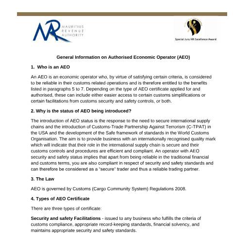 Document preview: General Information on Authorised Economic Operator (AEO) — Document, Mauritius (CERFA n°AEOGeneralInfo)