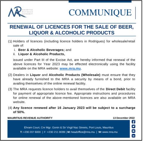 Document preview: Renewal of Licences for the Sale of Beer, Liquor &amp; Alcoholic Products (14.12.22) — Notice / Circular, Mauritius (CERFA n°CommuniqueRumNLiquor141222)