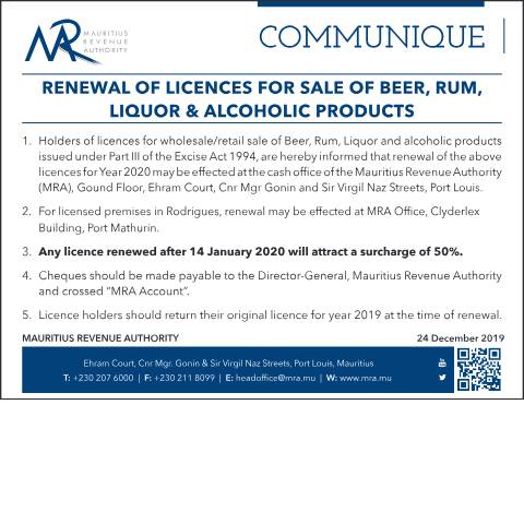 Document preview: Renewal of licences for sale of beer, rum, liquor &amp; alcoholic products (24.12.19) — Document, Mauritius (CERFA n°RumLiquor241219)