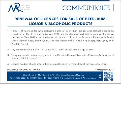 Document preview: Renewal of licences for sale of beer, rum, liquor &amp; alchoholic products (18.12.17) — Document, Mauritius (CERFA n°Licences181217)