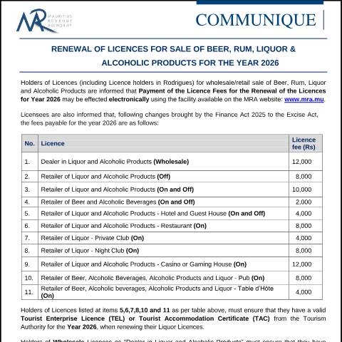 Document preview: Renewal of Licences for Sale of Beer, Rum, Liquor &amp; Alcoholic Products for the Year 2026 (12.12.25) — Document, Mauritius (CERFA n°Renewal121225)