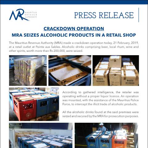 Document preview: Crackdown Operation - Seizure of alcoholic products in a retail shop (21.02.19) — Document, Mauritius (CERFA n°PressRelease210219)