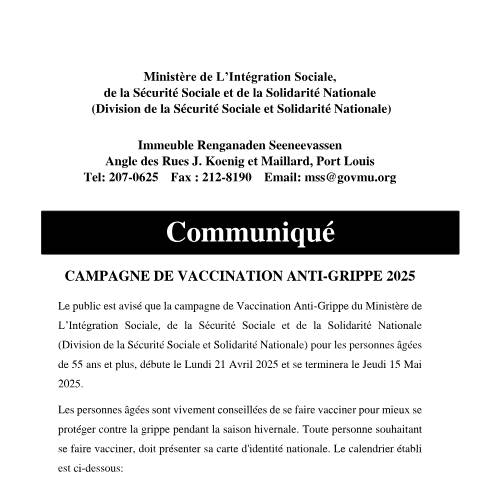 Document preview: Communique and calender Anti Grippe 2025 — Notice / Circular, Mauritius (CERFA n°Communique-and-calender-Anti-Grippe-2025)