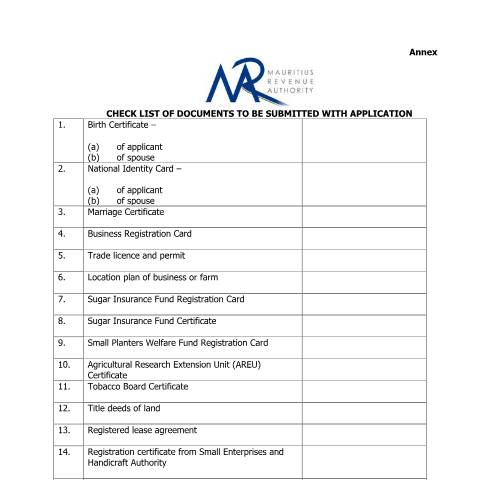 Document preview: Checklist of documents to be submitted with application — Form, Mauritius (CERFA n°Checklist4Application)
