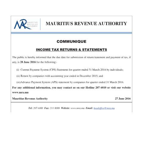 Document preview: Income Tax Returns &amp; Statements (27.06.16) — Form, Mauritius (CERFA n°AdvancePayment)