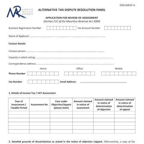 Document preview: ATDR - Form — Form, Mauritius (CERFA n°DocAApplicationATDR)