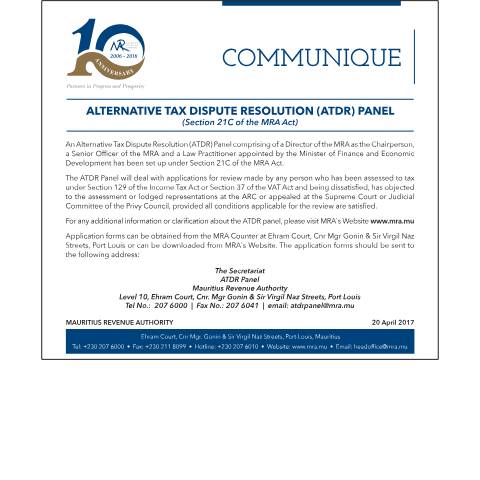 Document preview: Alternative Tax Dispute Resolution (ATDR) Panel (20.04.17) — Notice / Circular, Mauritius (CERFA n°ATDRCommunique)