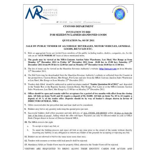 Document preview: Auction Sales Q4 of 2011(08.12.2011) — Document, Mauritius (CERFA n°NoticeAuctionQ4of2011)