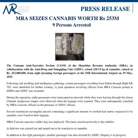 Document preview: MRA Seizes Cannabis Worth Rs 253M (30.05.25) — Document, Mauritius (CERFA n°PressRelease300525)