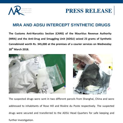 Document preview: MRA and ADSU intercept synthetic drugs (10.04.18) — Document, Mauritius (CERFA n°PressRelease100418)