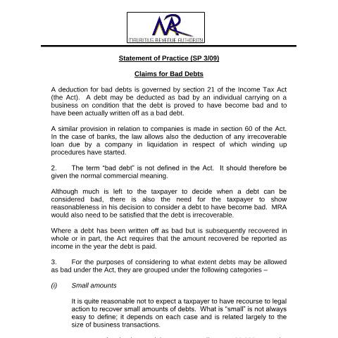 Document preview: SP 03/09 — Form, Mauritius (CERFA n°SP309ClaimsBadDebts)