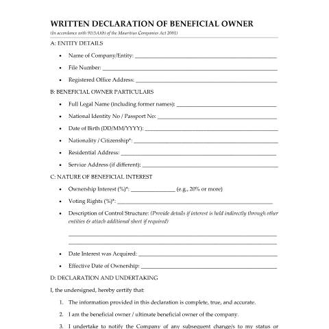 Document preview: 20260428 Final Written Declaration BO – ROC Template — Form, Mauritius (CERFA n°20260428-Final-Written-Declaration-BO-ROC-Template)