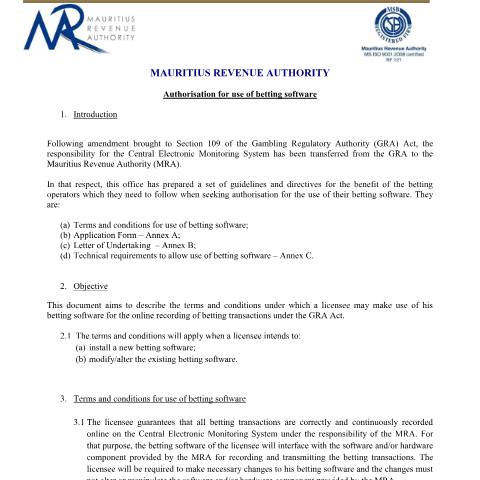 Document preview: GRA - Betting Software Policy — Policy, Mauritius (CERFA n°betting12122014)