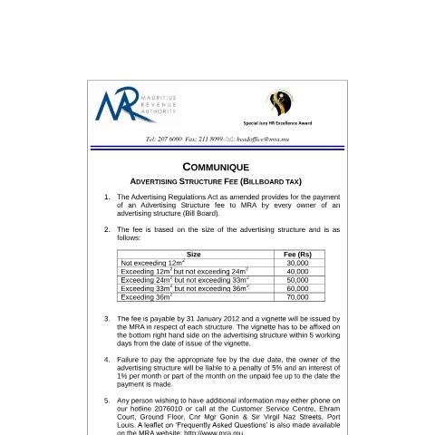 Document preview: Advertising Structure Fee (Billboard Tax) (25.1.2012) — Notice / Circular, Mauritius (CERFA n°CommuniqueBillboard)