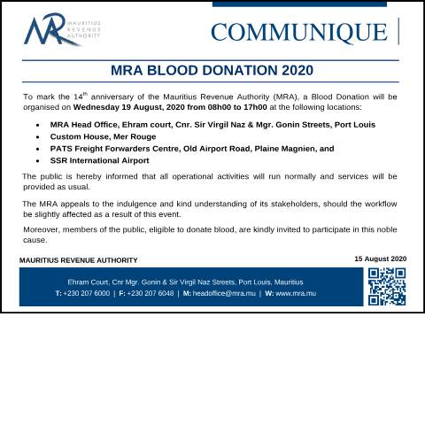 Document preview: MRA Blood Donation 2020 (15.08.20) — Document, Mauritius (CERFA n°BloodDonation2020)