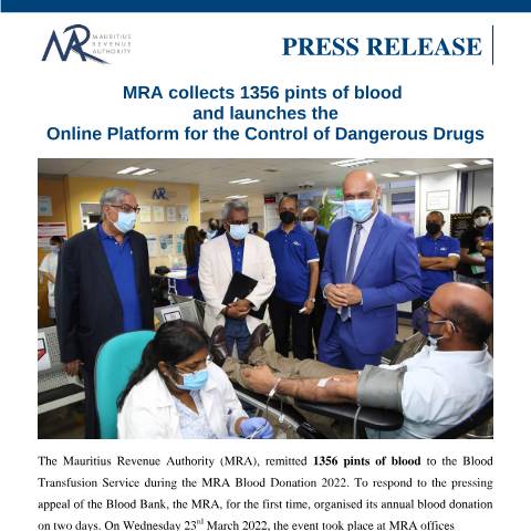 Document preview: MRA collects 1356 pints of blood and launches the Online Platform for the Control of Dangerous Drugs (25.03.22) — Document, Mauritius (CERFA n°PressRelease250322)