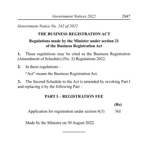 Document preview: REGULATIONS UNDER BR ACT — Regulation / Order, Mauritius (CERFA n°REGULATIONS-UNDER-BR-ACT)