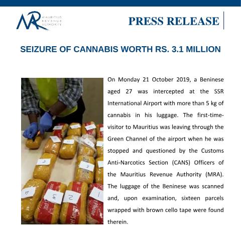 Document preview: Seizure of Cannabis worth Rs. 3,1 million (22.10.19) — Document, Mauritius (CERFA n°PressRelease221019)