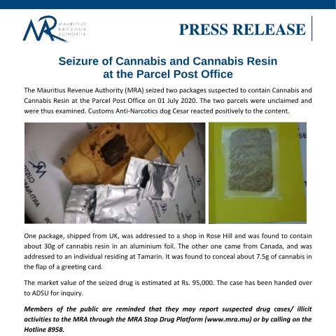 Document preview: Seizure of Cannabis and Cannabis Resin at the Parcel Post Office (01.07.20) — Document, Mauritius (CERFA n°PressRelease010720)