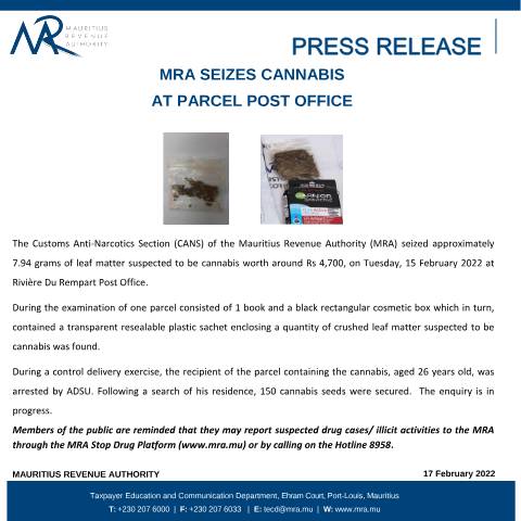 Document preview: MRA seizes cannabis at parcel post office (17.02.22) — Document, Mauritius (CERFA n°PressRelease170222)