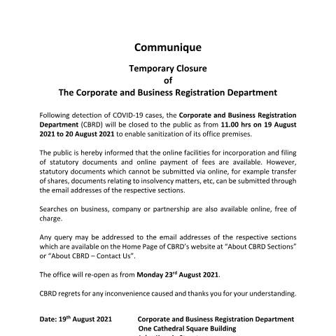 Document preview: Temporary Closure — Document, Mauritius (CERFA n°Temporary-Closure-)