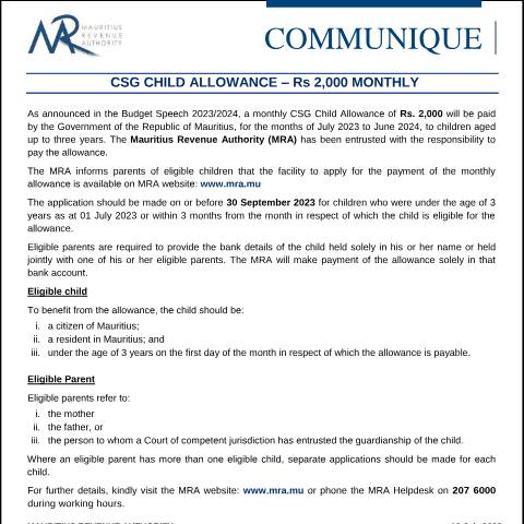 Document preview: CSG Child Allowance - Rs 2,000 Monthly (10.07.23) — Notice / Circular, Mauritius (CERFA n°CommuniqueChildAllowance)