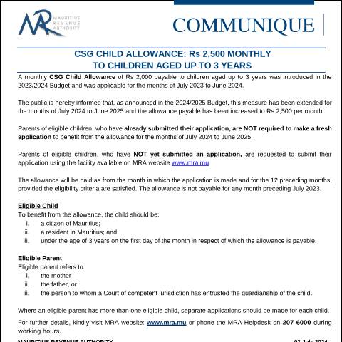 Document preview: CSG Child Allowance : Rs 2,500 Monthly to Children aged up to 3 Years (03.07.24) — Document, Mauritius (CERFA n°CSGChildAllowance030724)
