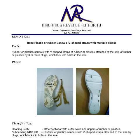 Document preview: Classification for plastic or rubber sandals (V-shaped straps with multiple plugs) — Document, Mauritius (CERFA n°PVCsandalPlugged280311)
