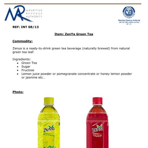 Document preview: Classification for Zenya Green Tea — Document, Mauritius (CERFA n°ZenyaGreenTea)