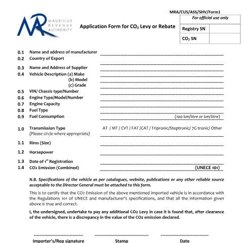 Document preview: Application form for CO2 levy or rebate — Form, Mauritius (CERFA n°ApplicationFormCO2LevyOrRebate)