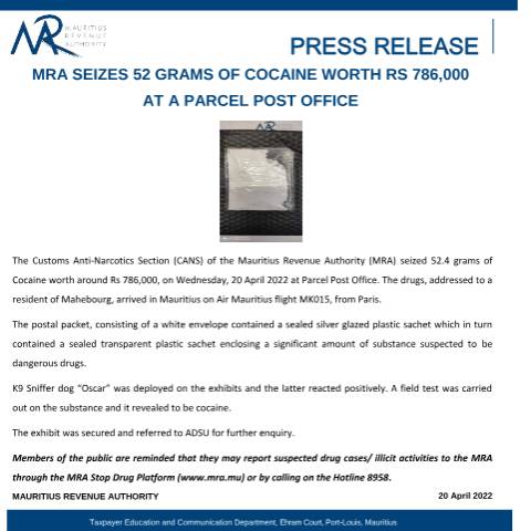 Document preview: MRA seizes 52 grams of cocaine worth Rs 786,000 at a parcel post office (20.04.22) — Document, Mauritius (CERFA n°PressRelease200422)