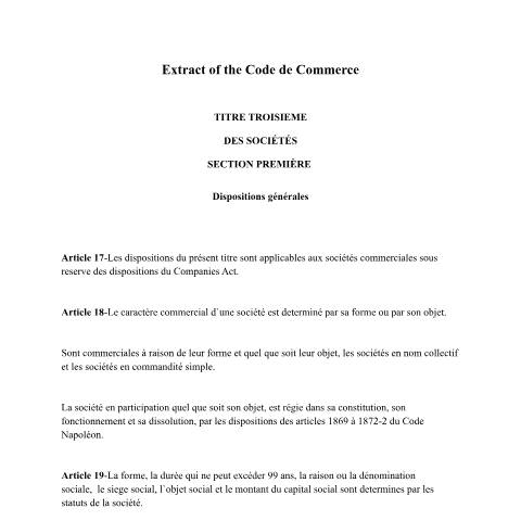 Document preview: Extract of the Code de Commerce — Act / Law, Mauritius (CERFA n°Extract-of-the-Code-de-Commerce)