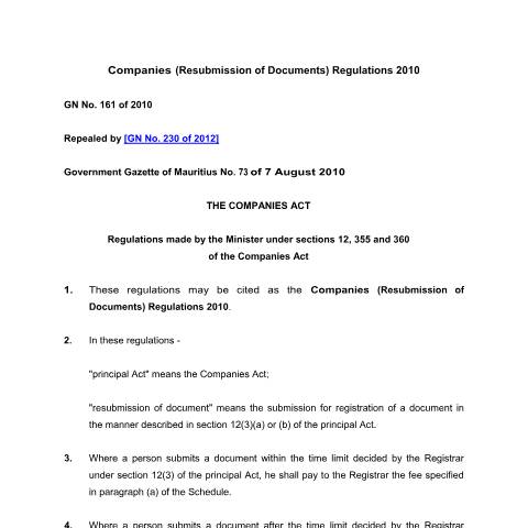 Document preview: GN. 161 of 2010 — Document, Mauritius (CERFA n°GN.-161-of-2010)