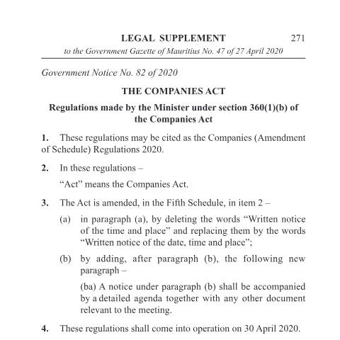 Document preview: 82_Companies Amd of sch Reg 2020 — Document, Mauritius (CERFA n°82_Companies-Amd-of-sch-Reg-2020)