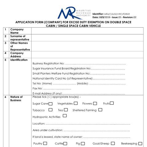 Document preview: Application Form (Company) — Form, Mauritius (CERFA n°CompanyForm9)