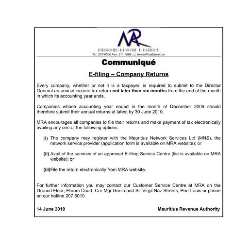Document preview: E Filing - Company Returns (14.06.2010) — Form, Mauritius (CERFA n°CommuniqueCompanyReturnJune2010)