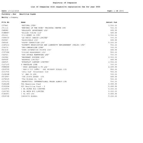 Document preview: List of Companies with respective registration fee for year 2025 — Reference, Mauritius (CERFA n°List-of-Companies-with-respective-registration-fee-for-year-2025)