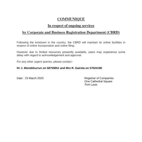 Document preview: Communique — Notice / Circular, Mauritius (CERFA n°Communique)