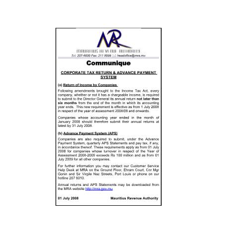 Document preview: Corporate Tax Return and Advance Payment System (01.07.2008) — Form, Mauritius (CERFA n°communiqueCompaniesReturn_030708)