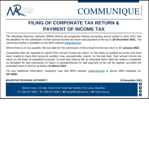 Document preview: Filing of Corporate Tax Return &amp; Payment of Income Tax (23.12.21) — Form, Mauritius (CERFA n°Communique231221)