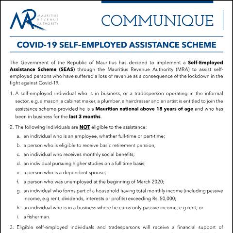 Document preview: Self-Employed Assistance Scheme (SEAS) (31.03.20) — Notice / Circular, Mauritius (CERFA n°CommuniqueSEAS310320)