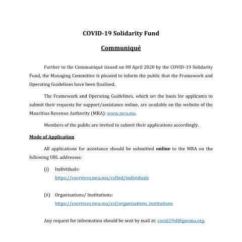 Document preview: Solidarity Fund (02.05.20) — Notice / Circular, Mauritius (CERFA n°CommuniqueSolidarityFund)